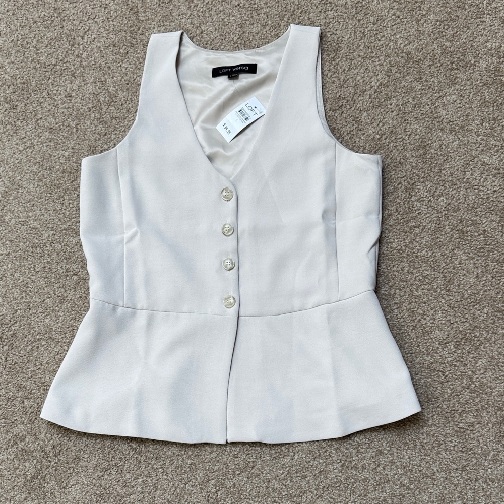 LOFT White Clay Button-Front V-Neck Peplum Top Small NWT